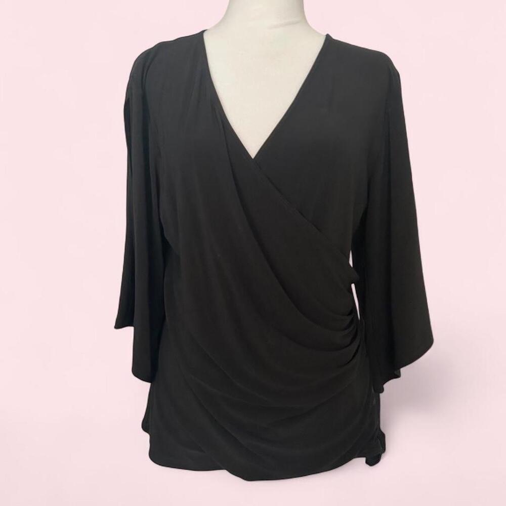 Vintage 90s Coco Bianco black wrap style  blouse with 3/4 sleeves bell sleeve- L